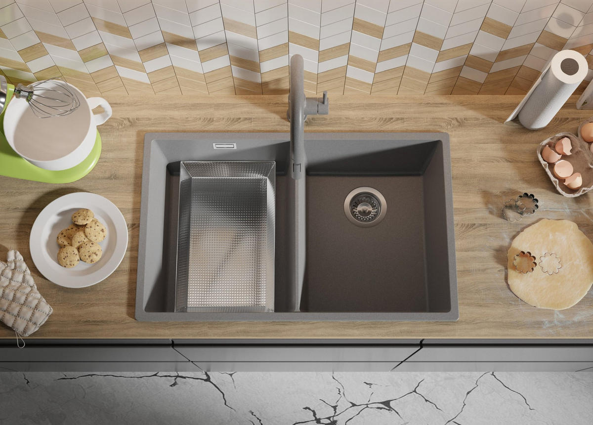 SPÜLBECKEN London Slim Twin, 2-er set Grau 76/47 cm 2 Becken + Ablauf-Set ab 80er Unterschrank - Grau, Kunststoff (76/20/47cm) - Primagran