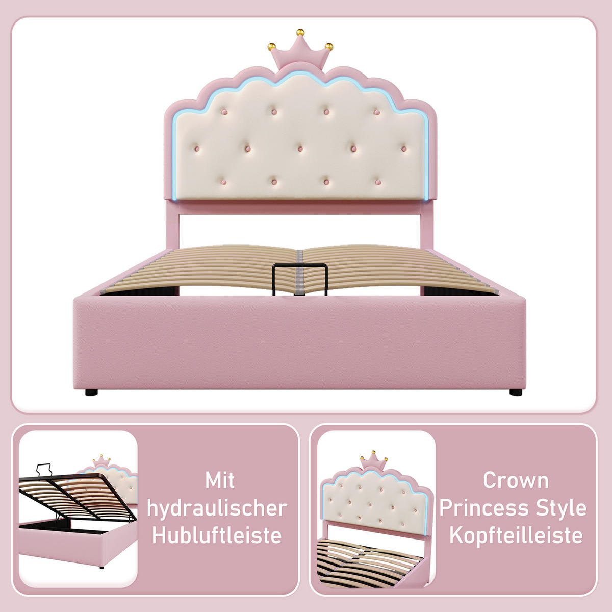 POLSTERBETT 140/200 cm mit Lattenrost, LED-Beleuchtung, hydraulischem Stauraum und Kronendesign, Rosa - Rosa, Kunststoff (140/200cm) - Redom
