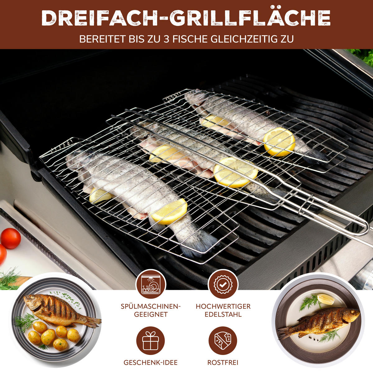 FISCHGRILLER, silber, Edelstahl - Edelstahlfarben, Metall (39.5/39.5/65cm) - bremermann
