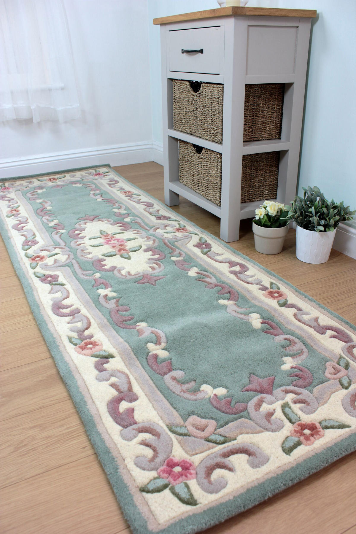 WOLLTEPPICH Aubusson-Muster handgeknüpft BEAULY, Grün-Beige 67x210 cm - Grün, Textil (67/210cm) - KADIMA DESIGN