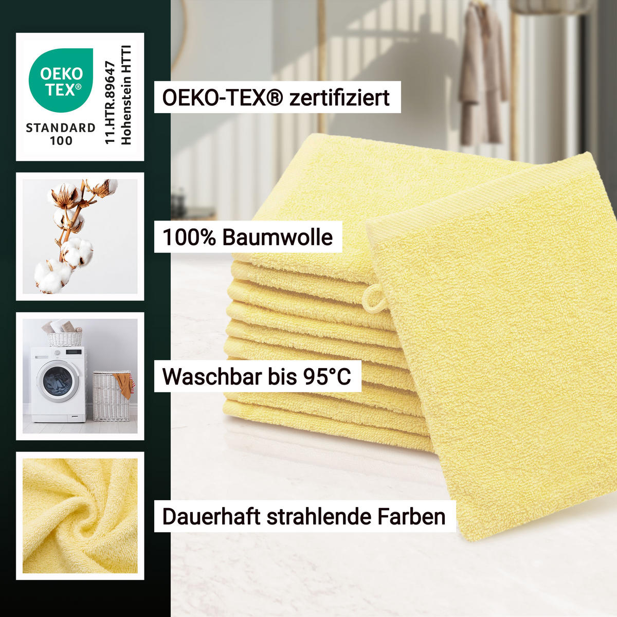 WASCHHANDSCHUH, 10er-Set, 16x21 cm, 100% Baumwolle, Gelb - Hellgelb, Textil (16/21cm) - Zollner