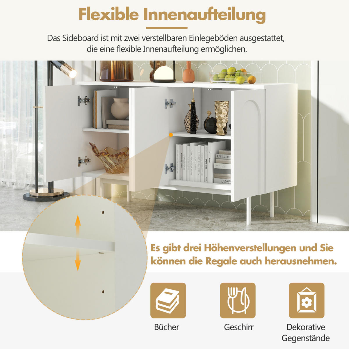 SIDEBOARD aus MDF und Spanplatte 140x42x80 cm Weiß mit 4 Türen, verstellbaren Einlegeböden und gewölbter Front - Weiß, Holzwerkstoff (140/80/42cm) - Modfu