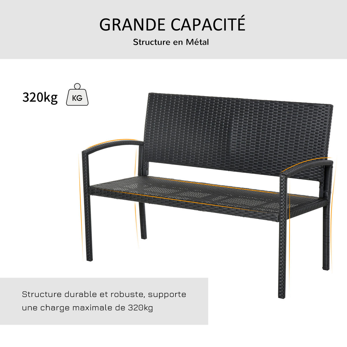 GARTENBANK DE-13551 2-Sitzer, geflochtene Resine Schwarz - Schwarz, Kunststoff/Metall (122/87/60cm) - ComfortXL