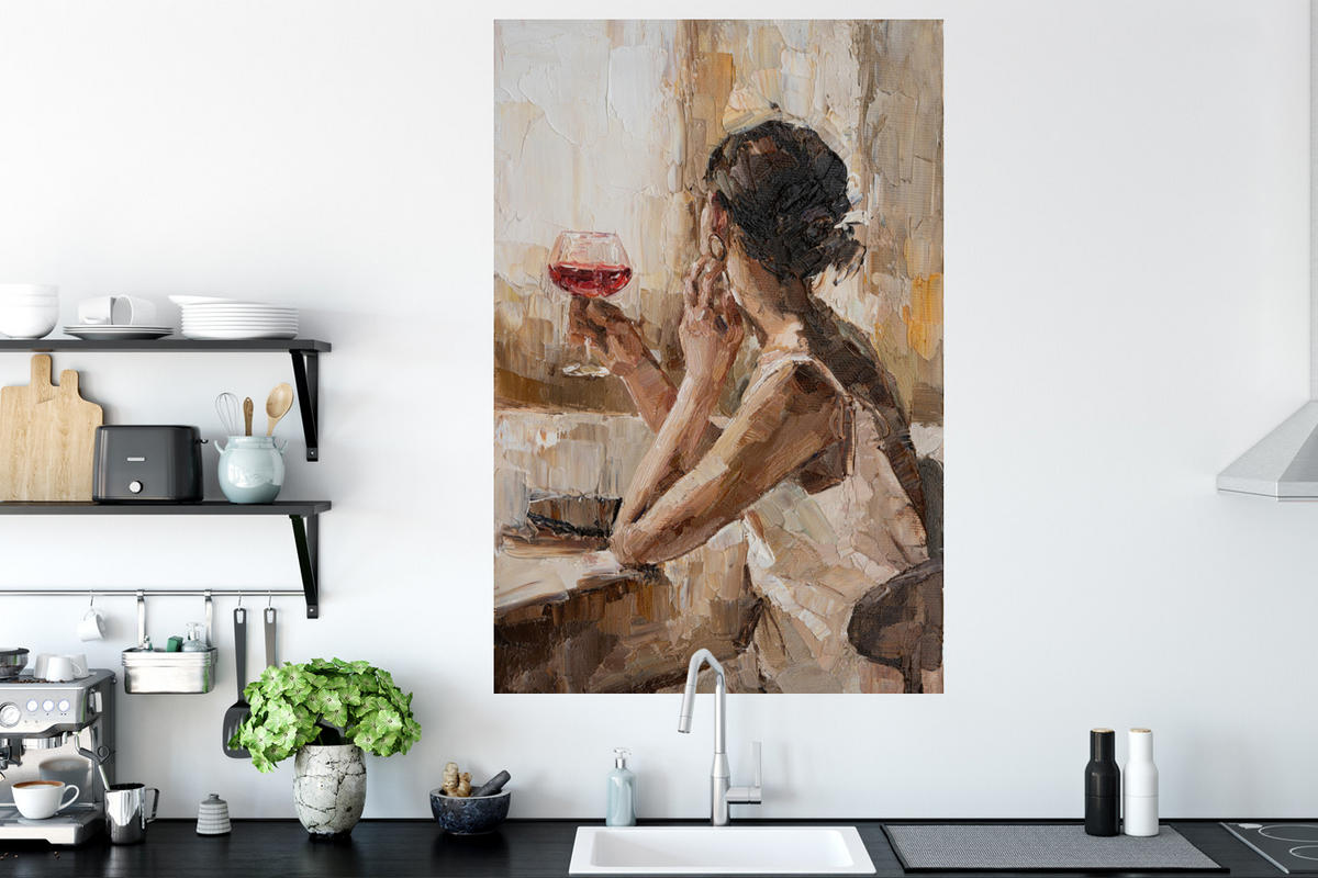 WANDTATTOO Ölgemälde - Frau - Wein 80x120 cm - Hellbraun, Kunststoff (80/120/0.1cm) - MuchoWow