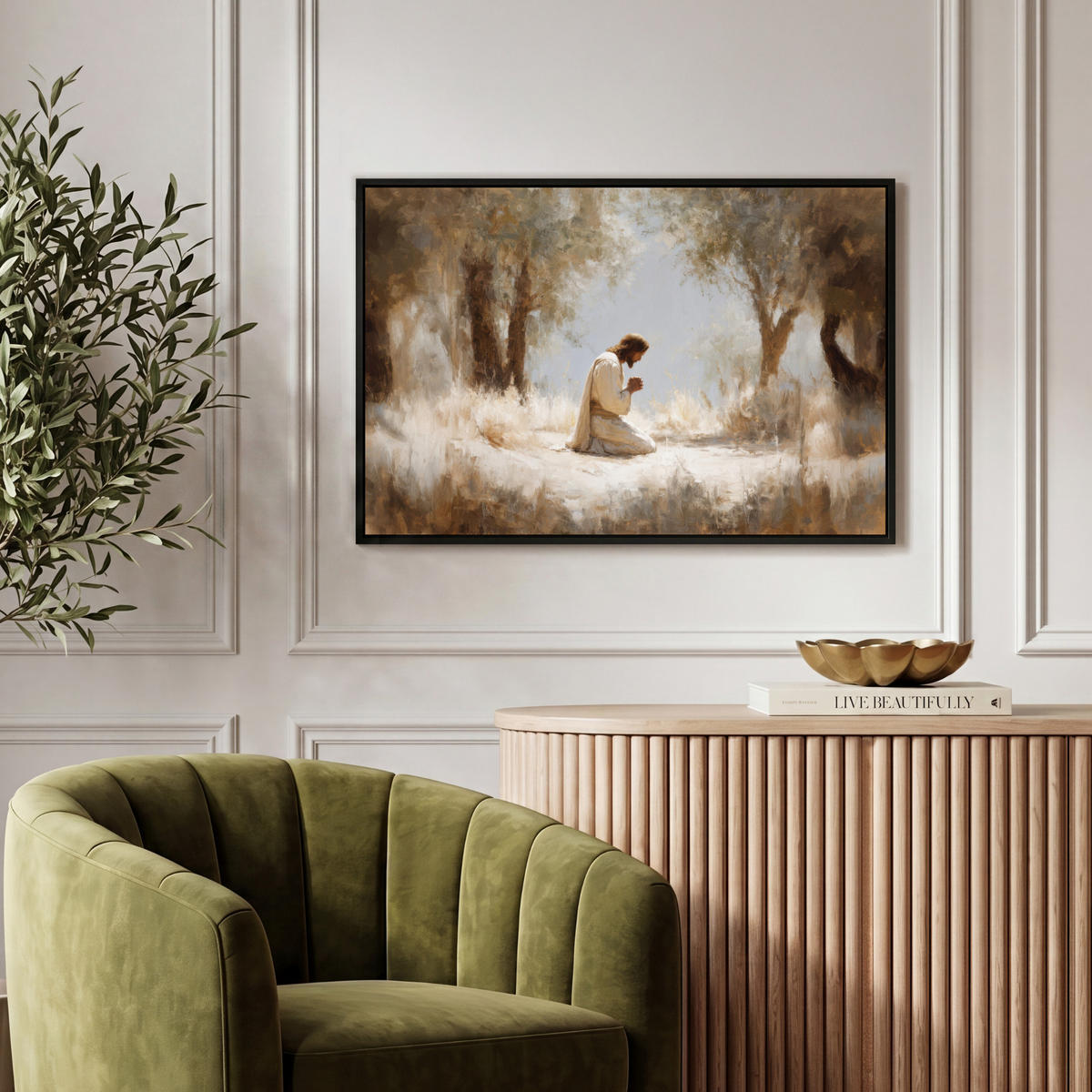 LEINWAND Bilder mit Rahmen - Jesus - Kniend - Waldlandschaft - Betend - 60x40 - Beige, Textil (60/40cm) - MuchoWow