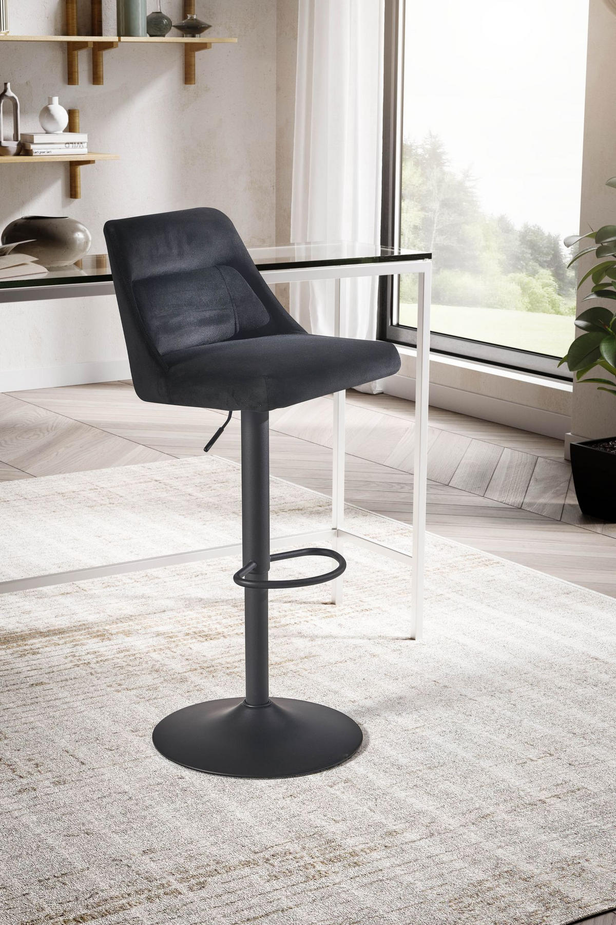 BARHOCKER Samt Lehne Höhenverstellbar Trompetenfuß Gepolstert, Schwarz 45x51x106 cm - Schwarz, Textil/Metall (45/106/51cm) - KADIMA DESIGN