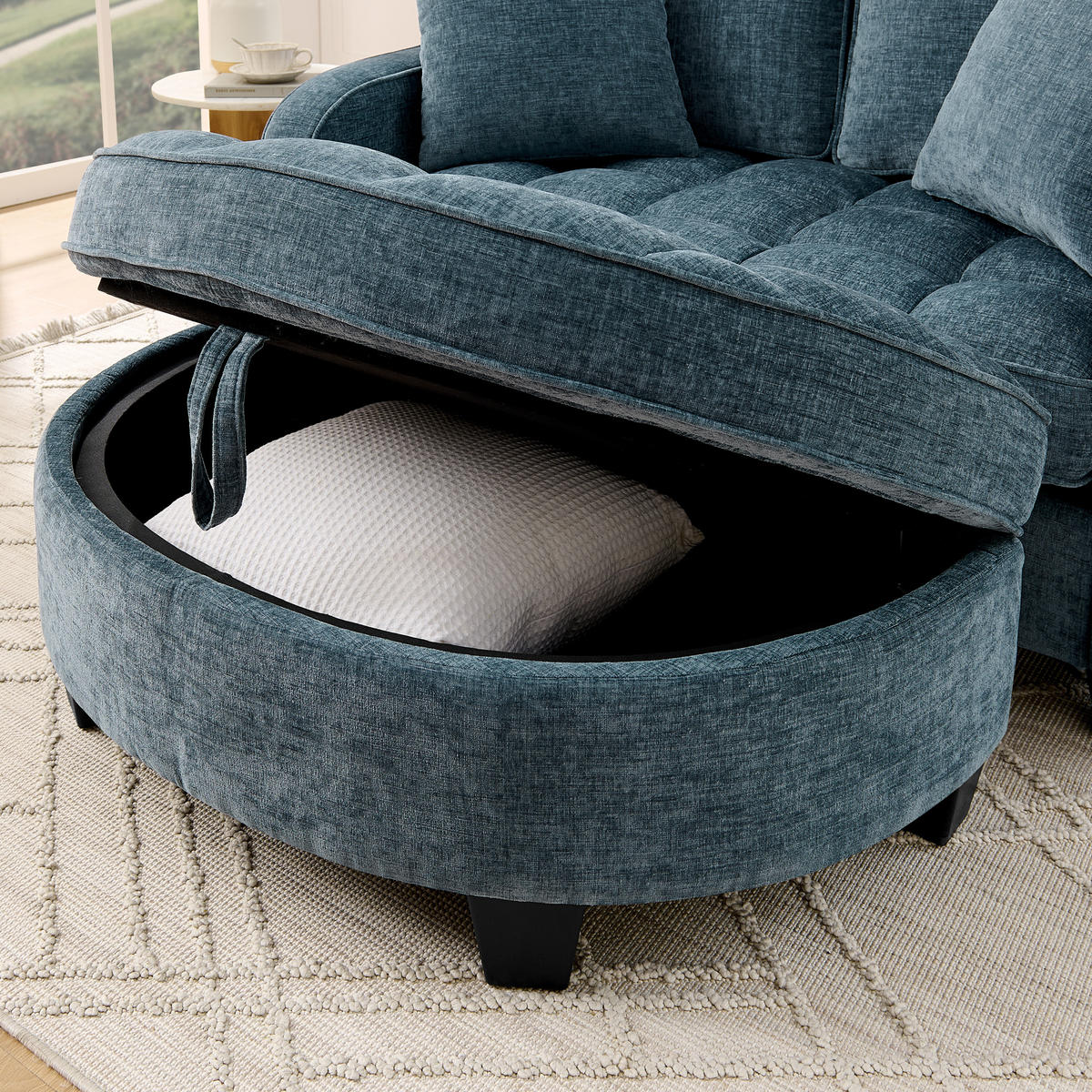 SOFA Chenille Blau mit Hocker und Schlaffunktion - Blau, Holzwerkstoff/Kunststoff (132/93/129cm) - WISHDOR