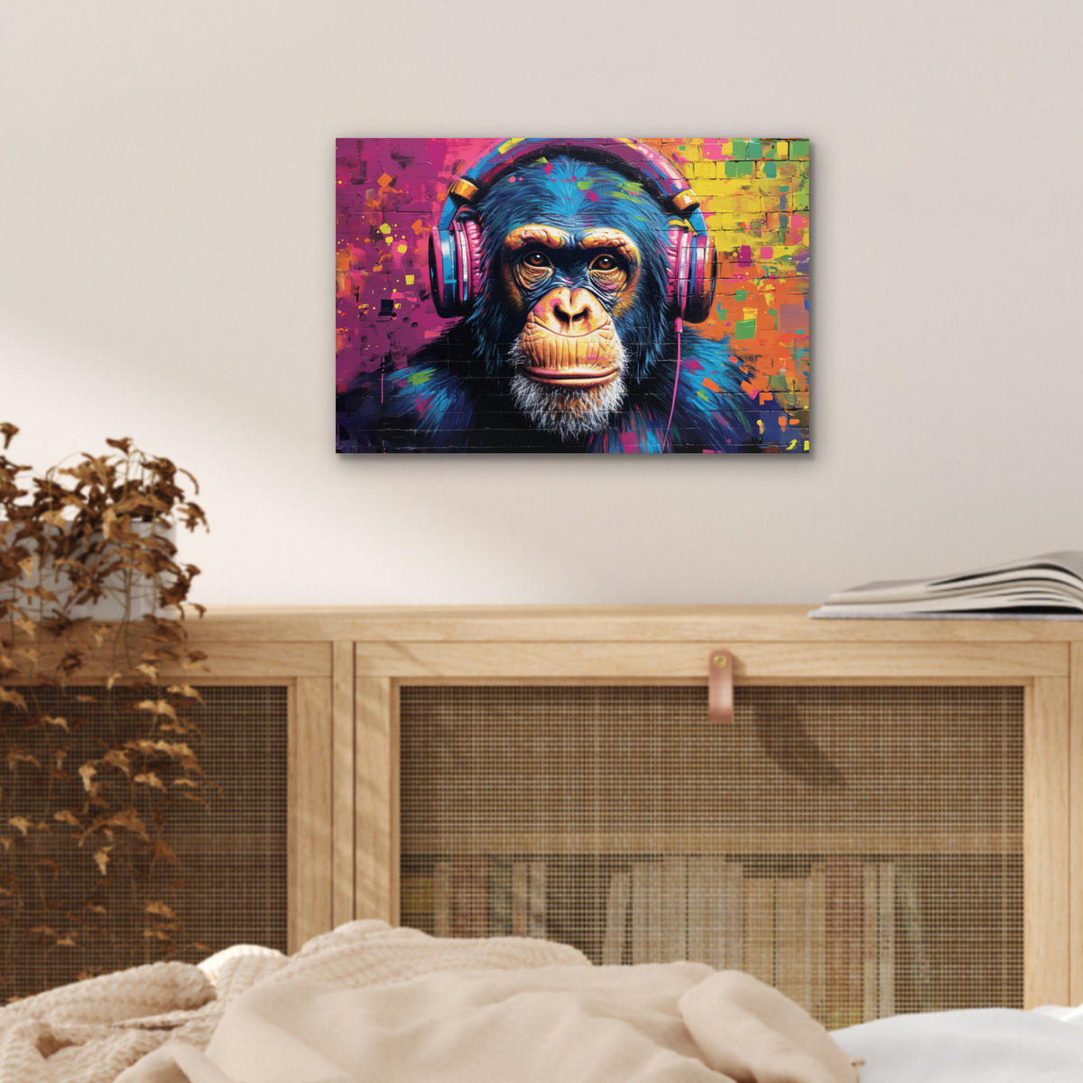KOVOVÝ OBRAZ Graffiti - Šimpanz - Street art - Slúchadlá - Opica 30x20 cm - modrá, kov (30/20cm) - MuchoWow