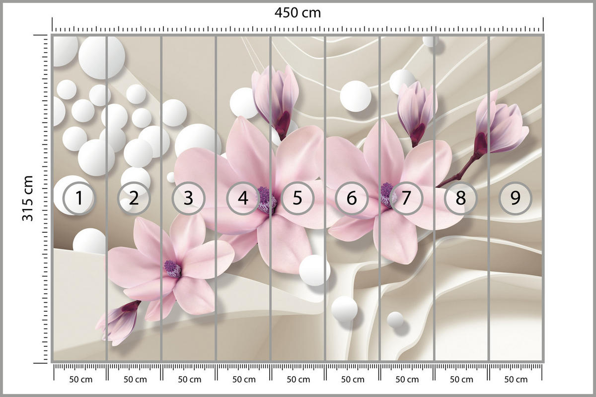 FOTOTAPETA Pre Obývaciu Izbu KVETY Magnólie RUŽOVÁ Vlnité Priestorové Pozadie 450 x 315 cm - biela/ružová, papier (450/315cm) - Muralo
