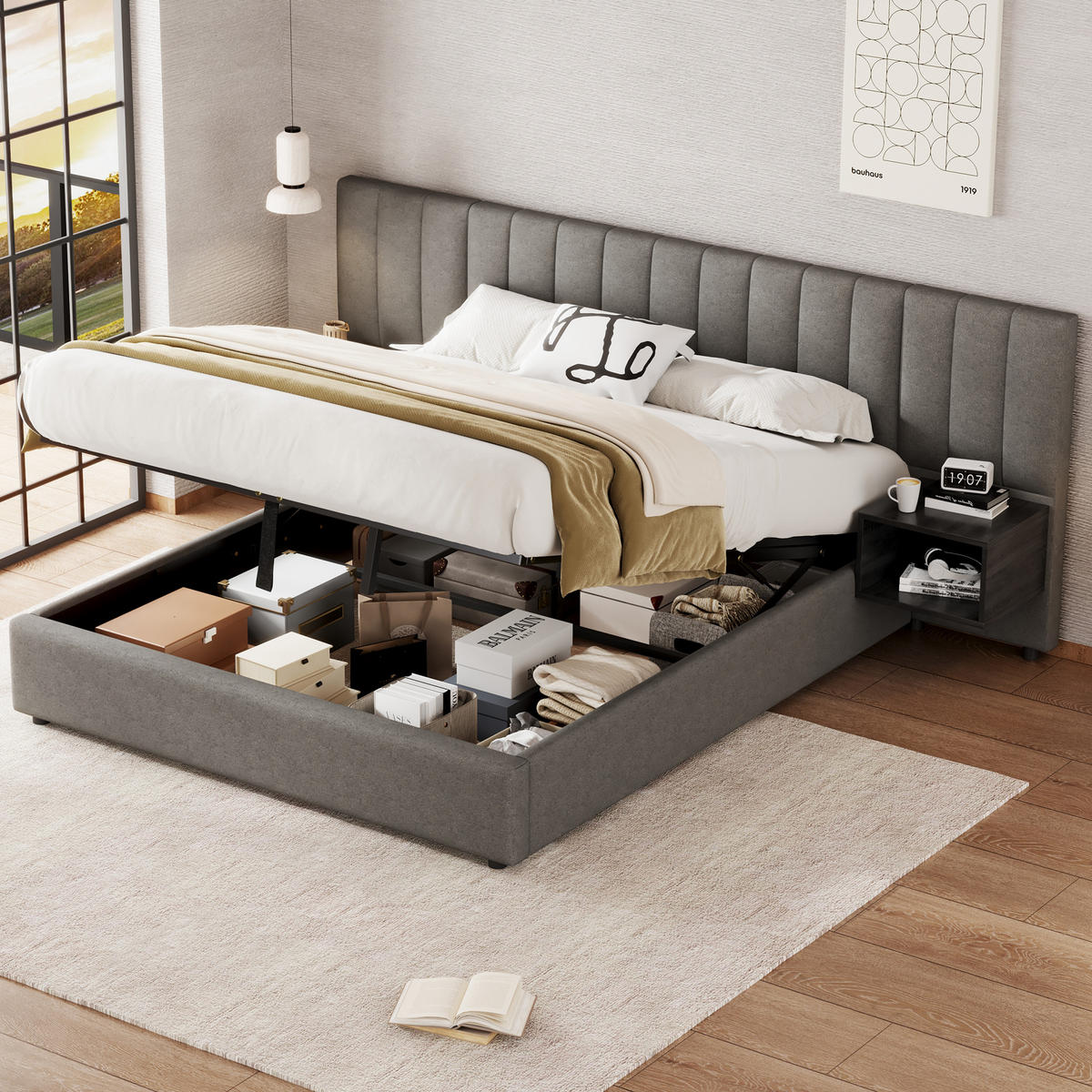 POLSTERBETT 160/200 cm grau aus Leinen mit Hydraulik-Stauraum und 2 Nachttischen - Grau, Textil (160/200cm) - OKWISH