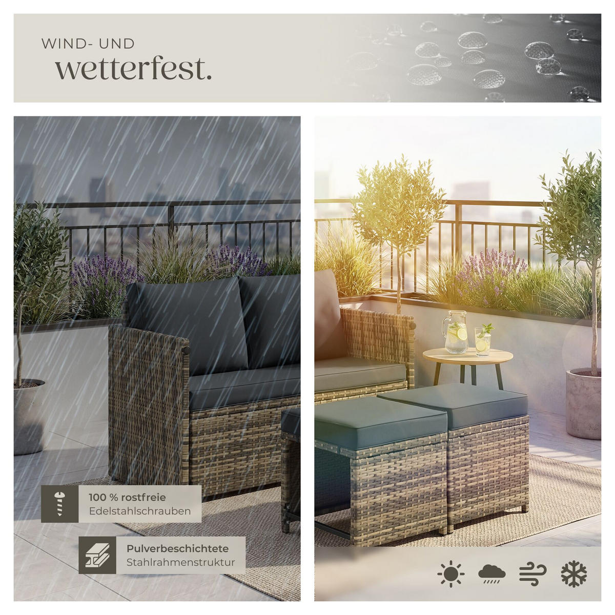 2-IN-1-RATTANLOUNGE-SET Monopoli, höhenverstellbare Tischfüße, natur - Naturfarben, Kunststoff - tectake