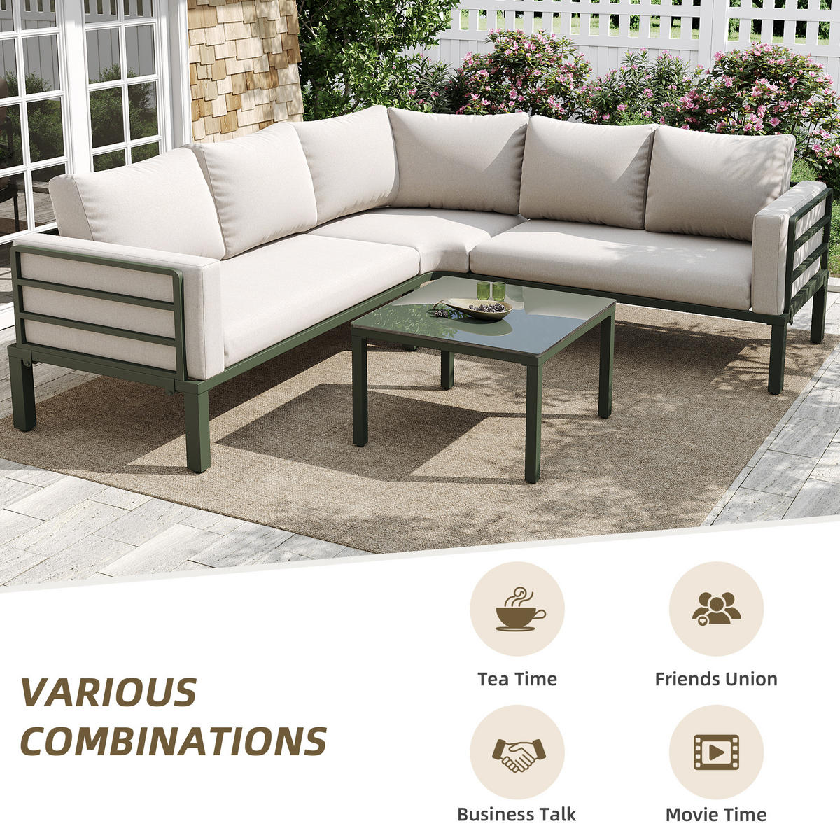 GARTENLOUNGE-SET Gartenmöbel-Set für 4-5 Personen Sitzgruppe mit Kissen&Sitzpolster - Beige, Glas/Textil - STILVORA