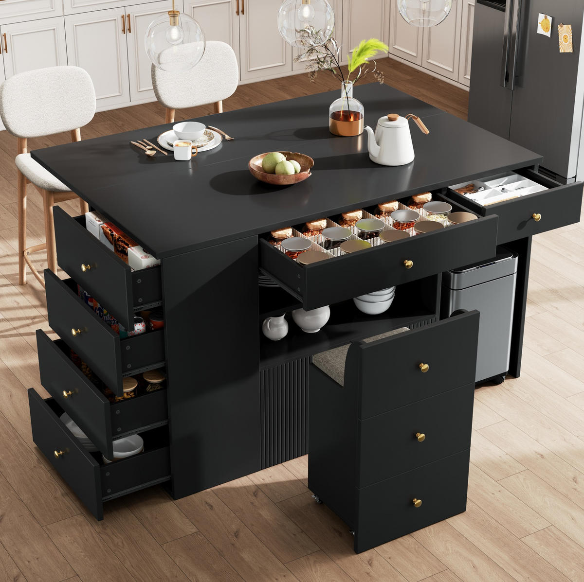KÜCHENINSEL aus MDF mit 6 Schubladen & Hocker, 140/40(70)/89 cm, Schwarz - Schwarz, Holzwerkstoff (40/89/140cm) - Redom