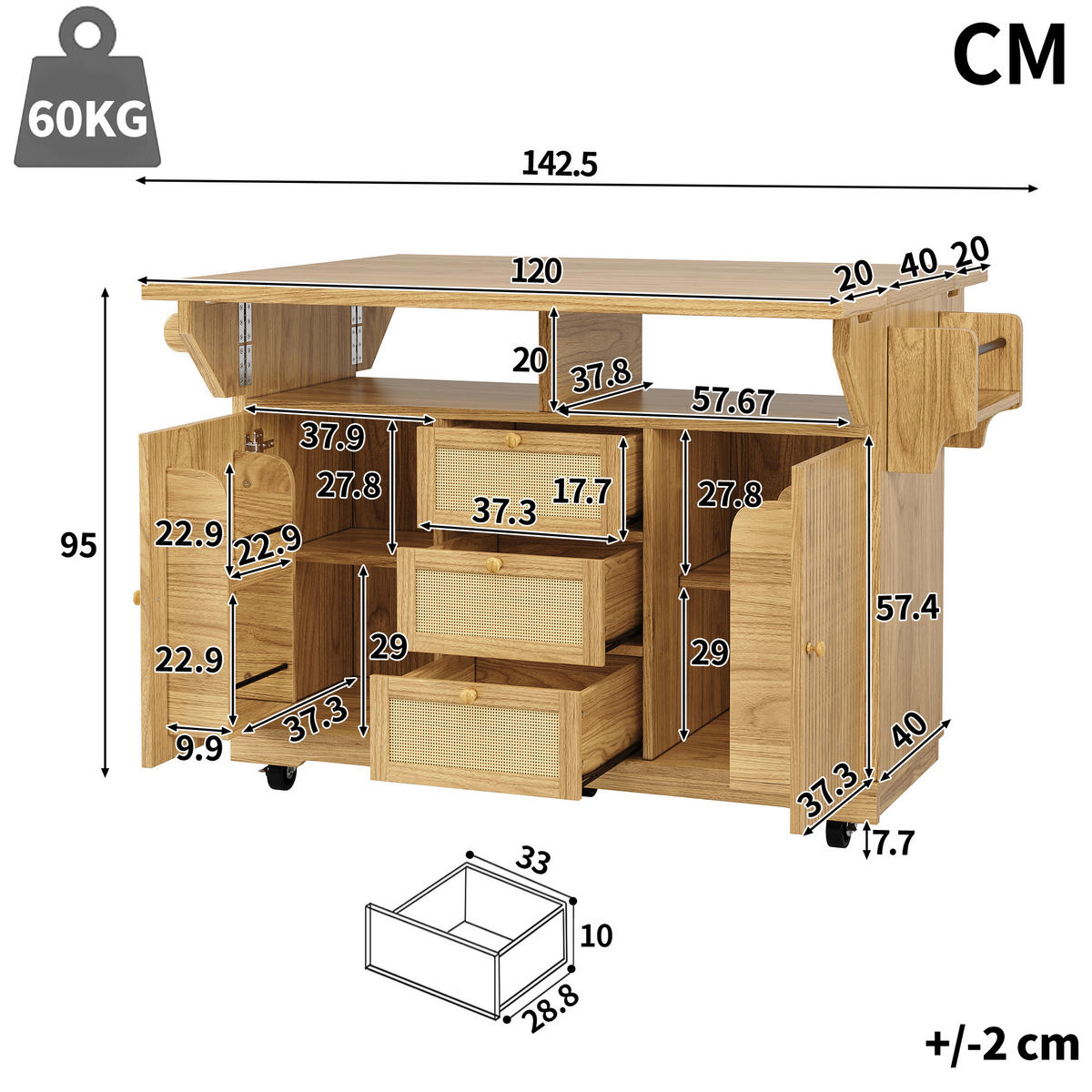 KÜCHENINSEL Ausklappbar PE Rattan Naturbraun - Naturfarben, Holzwerkstoff (142.5/95/80cm) - FLIEKS