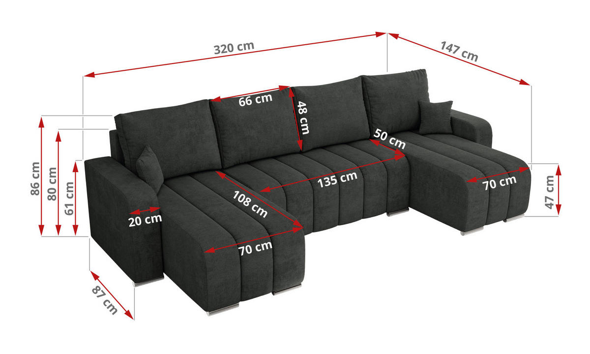 WOHNLANDSCHAFT KIRASSO U Dunkelgrau Struktur - Dunkelgrau/Grau, Textil/Metall (320/86/147cm) - MKS