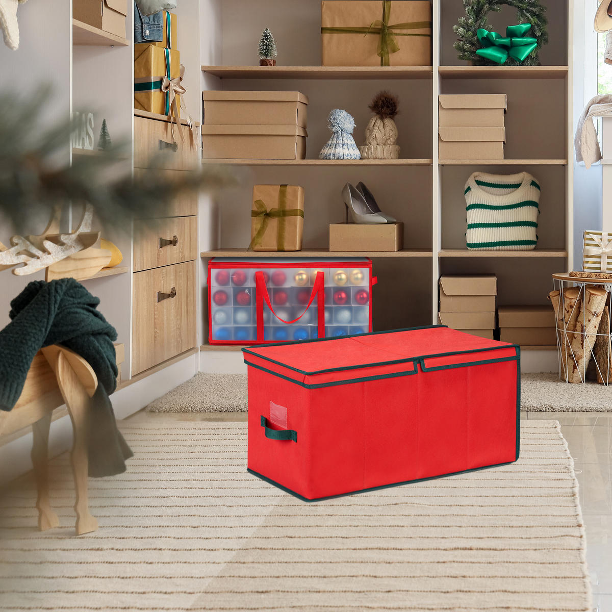 WEIHNACHTSKUGEL-AUFBEWAHRUNGSBOX - Rot, Wellpappe/Kunststoff (30/30/60cm) - Relaxdays