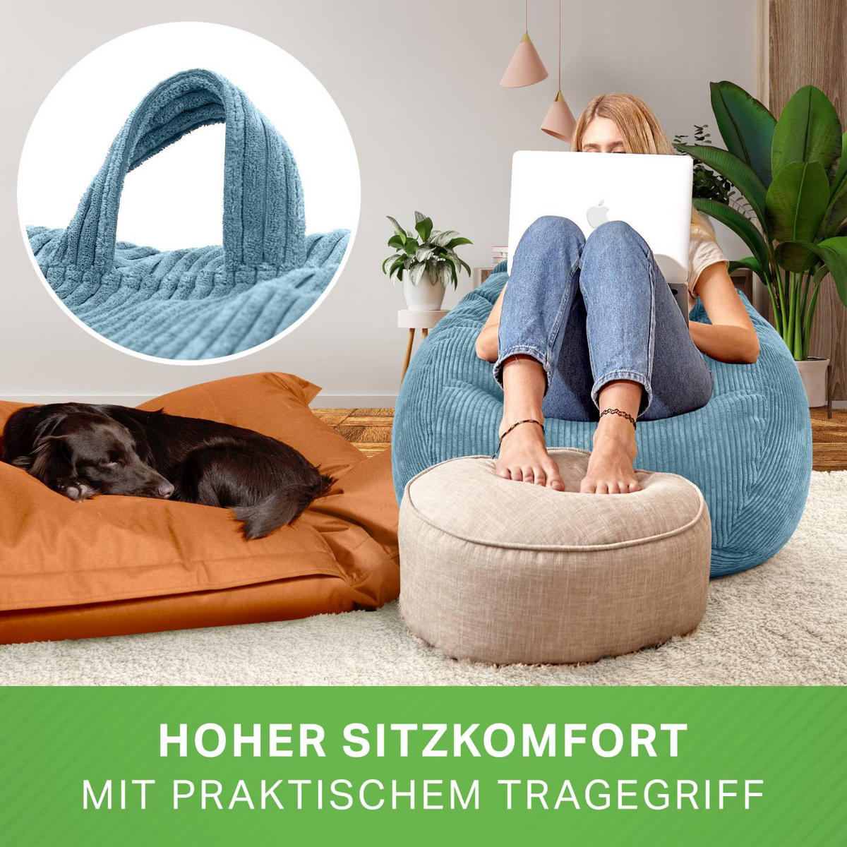 SITZSACK Indoor "Scoop" 90x110cm - Cord - Hellblau, Textil (90/110/90cm) - Green Bean