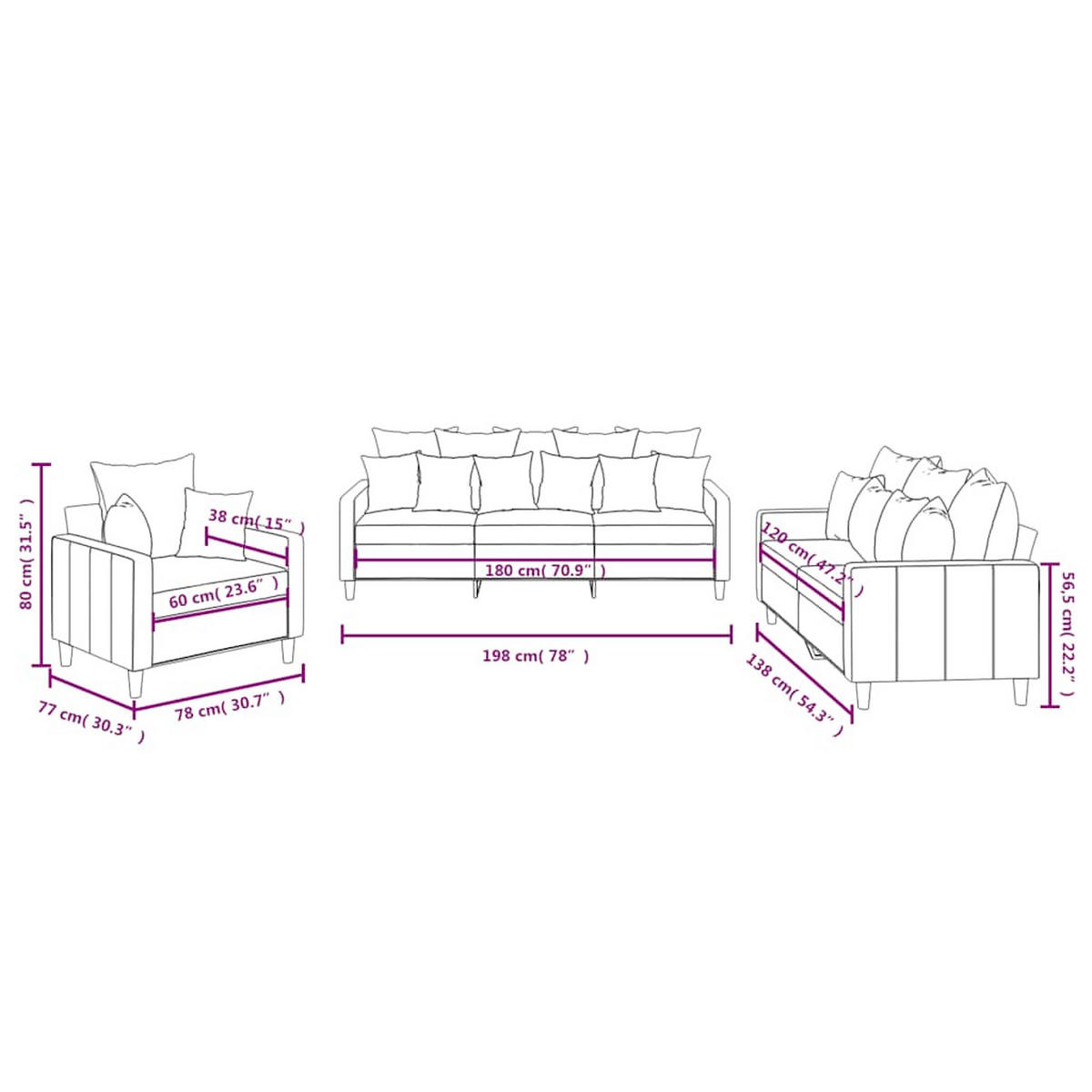 SOFAGARNITUR 3-TLG. Mit Kissen Schwarz Samt - Schwarz, Naturmaterialen (77/80/198cm) - vidaXL