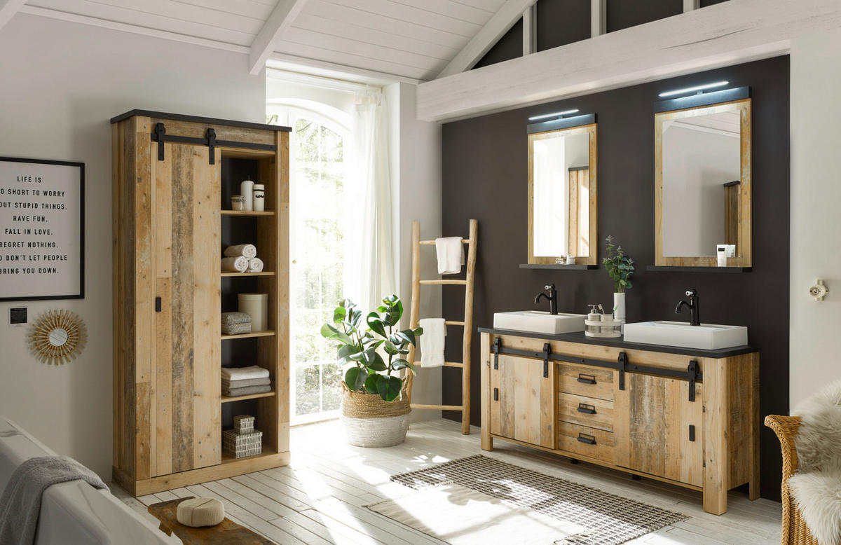 DOPPELWASCHTISCH Used Wood hell, anthrazit, Waschtisch Set inkl. 2 x Waschbecken 164 cm - Eichefarben/Anthrazit, Holz/Holzwerkstoff (164/81/43cm) - Furn.Design