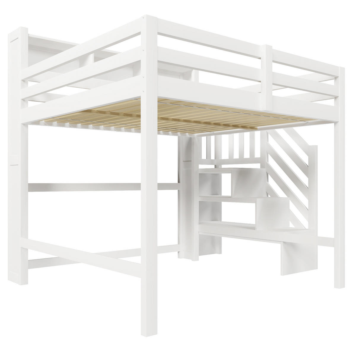 HOCHBETT 140x200 cm in Weiß mit LED-Beleuchtung und Stauraumtreppe - Weiß, Holz (140/200cm) - IVMEU