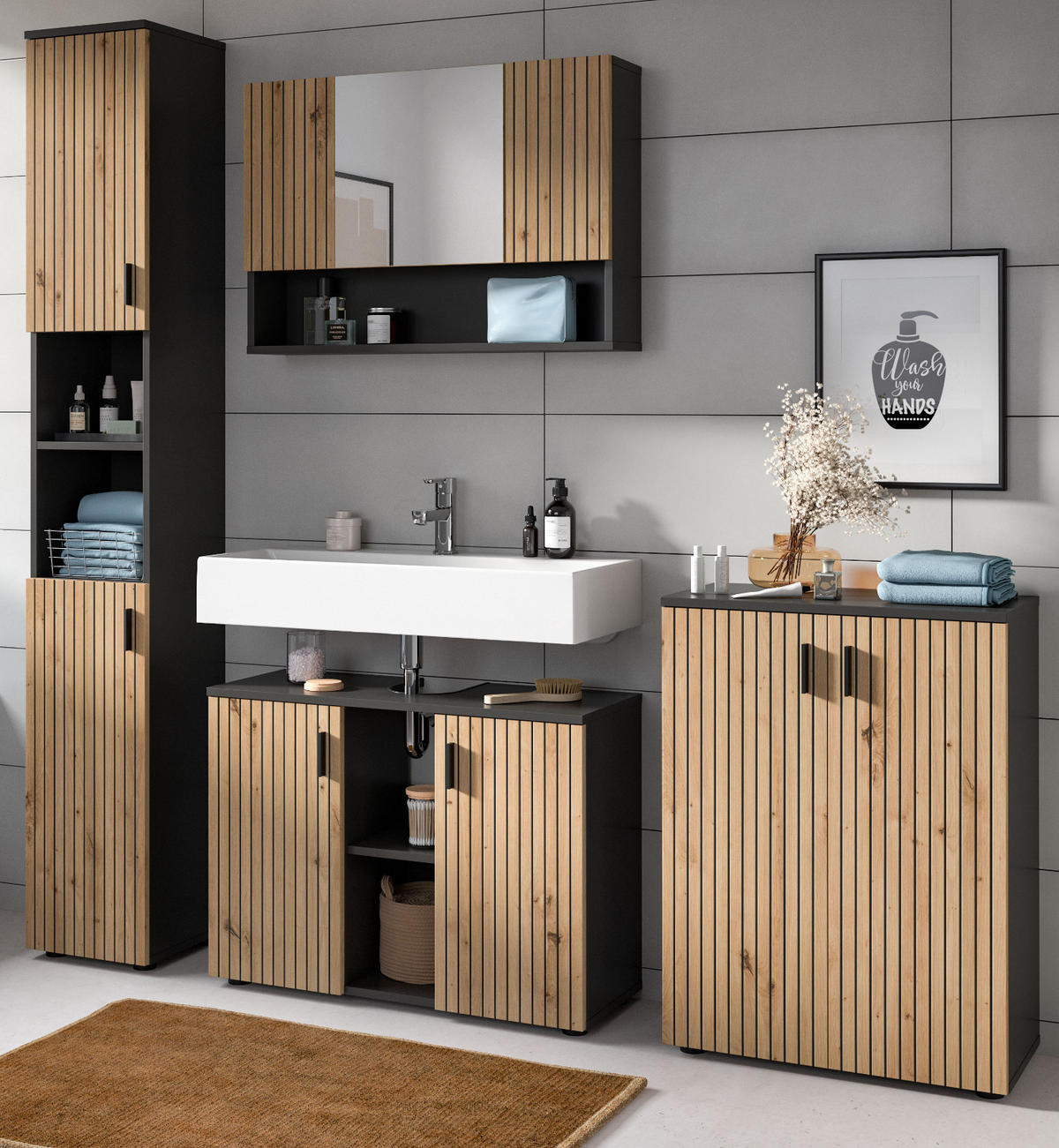 BADMÖBEL-SET Eiche Artisan, grau 4-teilig 200 cm, Badkombination mit viel Stauraum - Schwarz/Eiche Artisan, Glas/Holzwerkstoff (200/192/30cm) - Inn.Furn