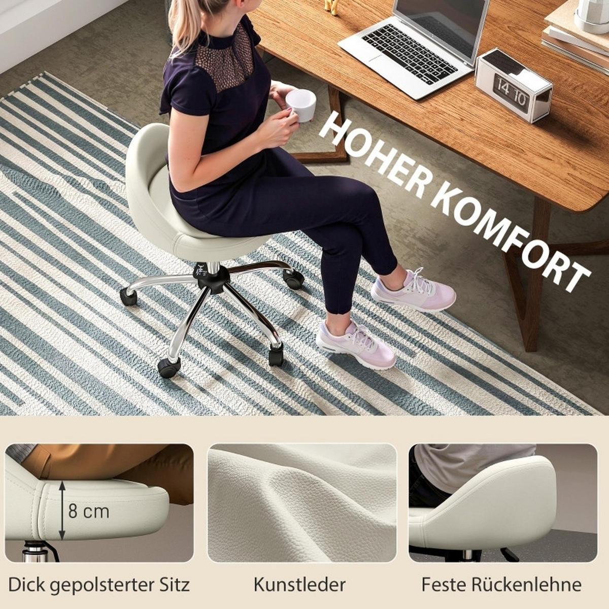 ROLLHOCKER höhenverstellbar Ø 50 x 63-83 cm Kunstleder White - Weiß, Metall (35/83/35cm) - Meubliv