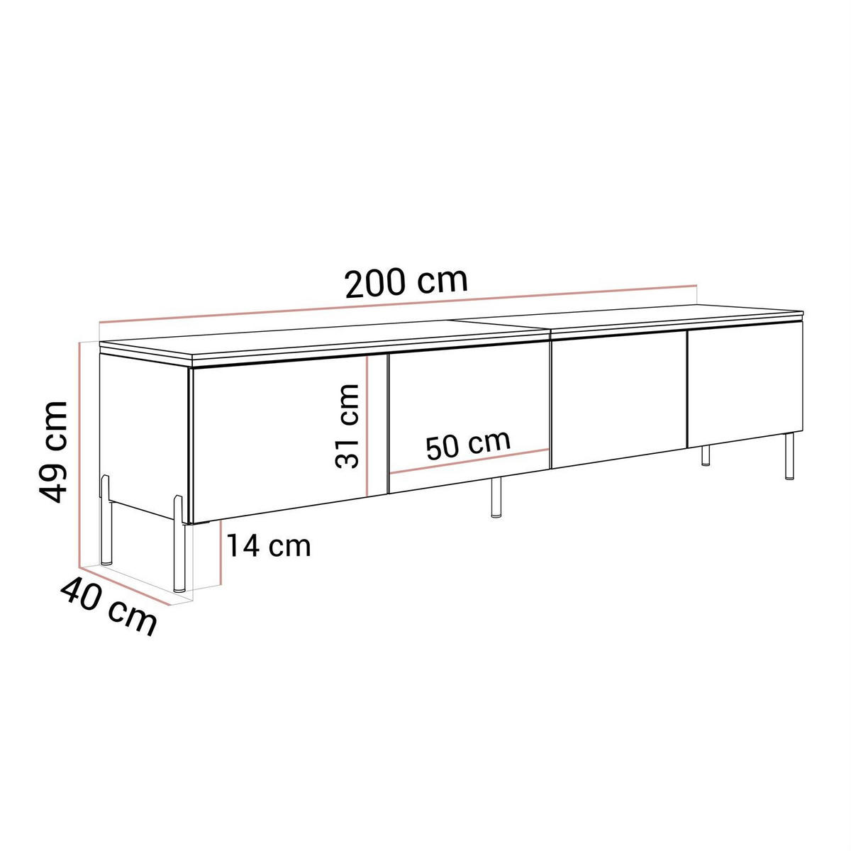 TV-LOWBOARD CELINE KASCHMIR 200 cm auf geraden goldenen Chrom-Beinen - Kaschmir/Goldfarben, Holzwerkstoff/Metall (200/49/40cm) - Lookway