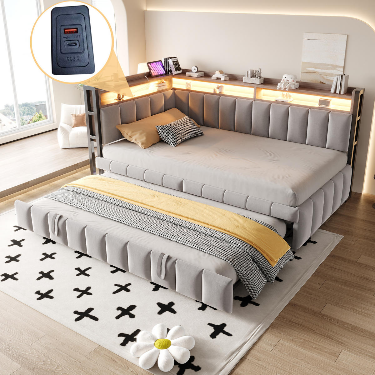 POLSTERBETT 90/200 cm aus Samt mit Ausziehbett LED und USB-Anschluss Hellgrau - Grau, Textil (90/200cm) - Modenvie