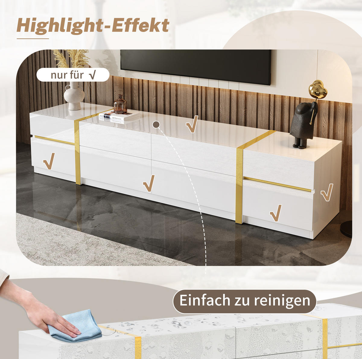 TV stolek 180/40/38 cm z MDF a dřevotřísky s vysokým leskem, 4 zásuvkami a 2 dvířky, Bílá - bílá, kompozitní dřevo (180/38/40cm) - Redom
