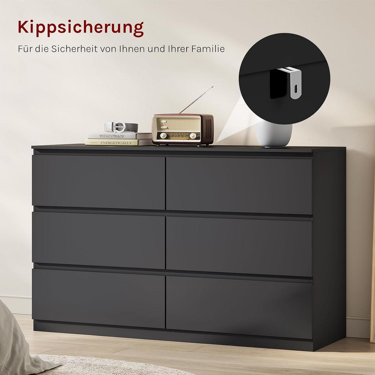 KOMMODE 6 Schubladen Holzwerkstoff 120/40/75 cm Schwarz - Schwarz, Holzwerkstoff (40/75/120cm) - Woltu