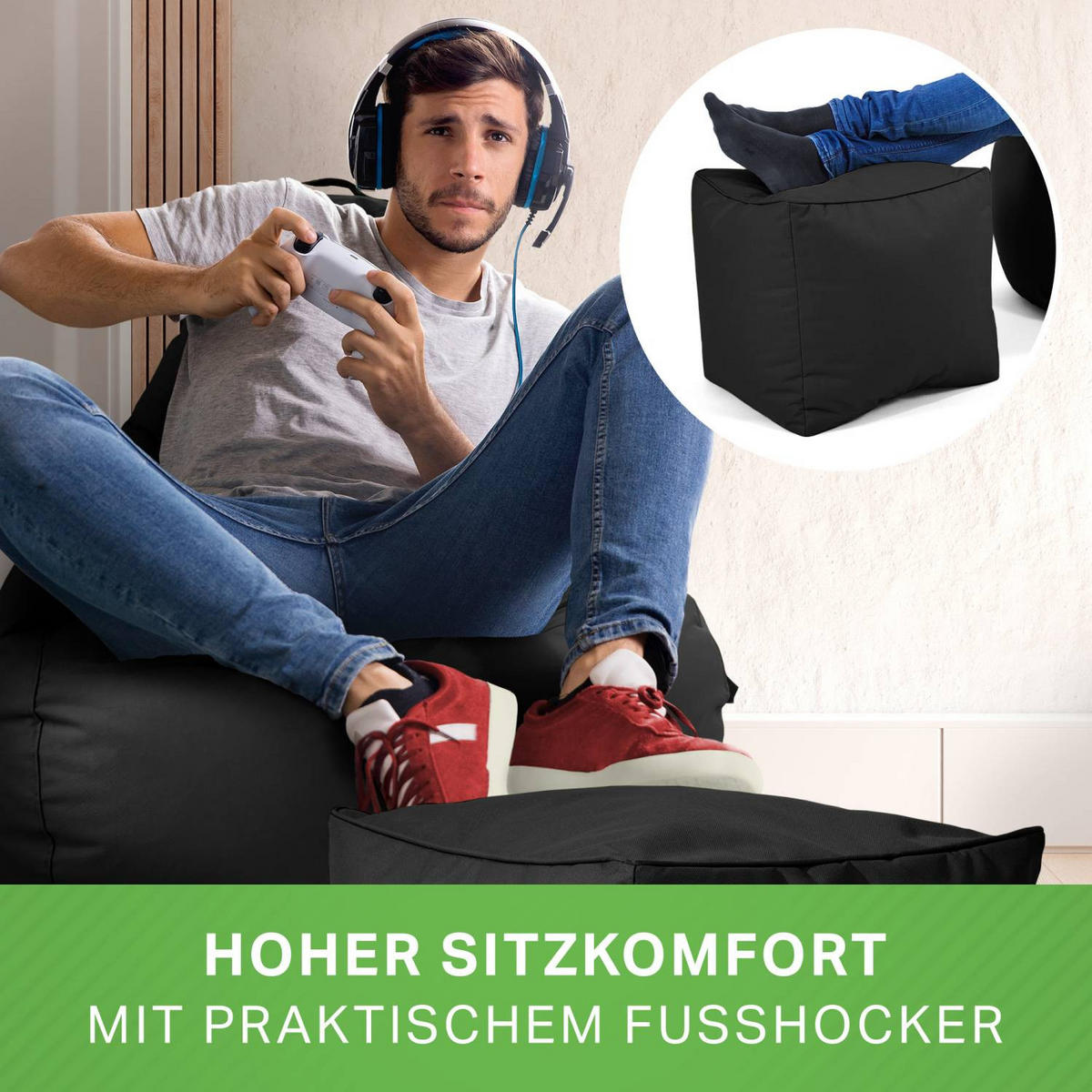 SITZSACK + Hocker "Cozy+Cube" 2er Set - Schwarz, Textil (70/90/80cm) - Green Bean