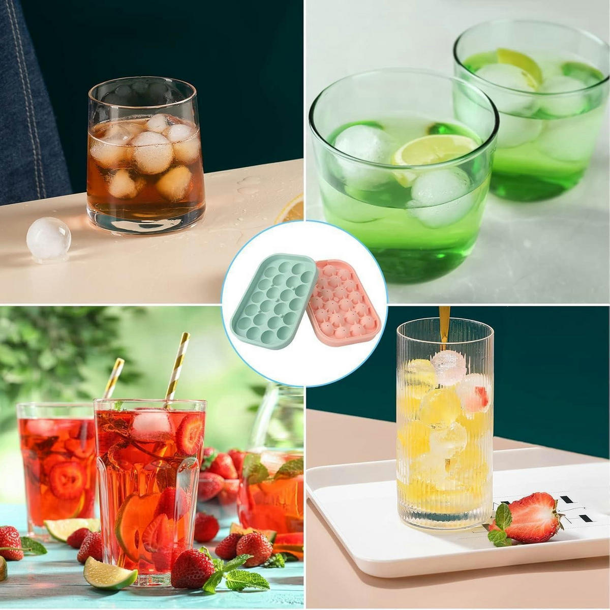 EISWÜRFELFORM 2-teiliges Set für 44 Eisbälle BPA-frei Silikon Grün und Rosa - Multicolor, Kunststoff (12/3.8/20cm)
