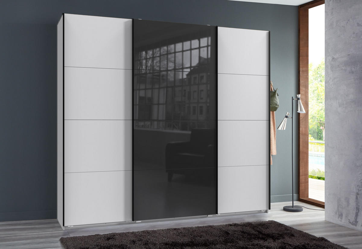 SCHWEBETÜRENSCHRANK 3-türig extrahoch in Weiß, eine Tür mit Glasfront Schwarz, B225/H236/T64 cm / 22543 - Schwarz Hochglanz/Schwarz, Holzwerkstoff/Metall (225/236/64cm) - luma-home