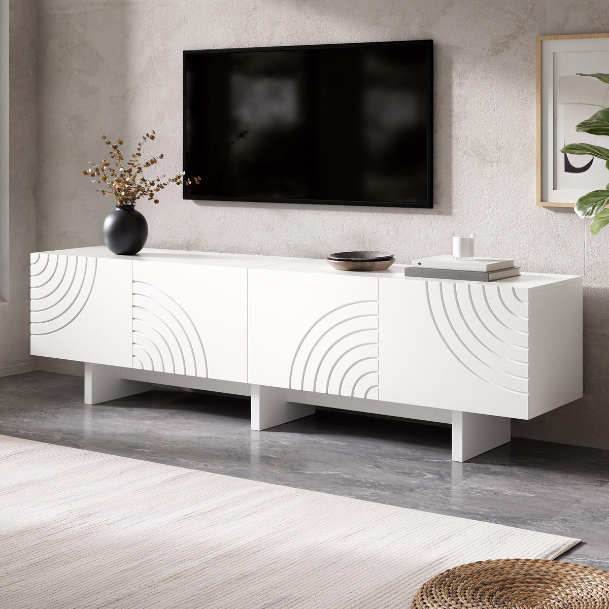 TV-SCHRANK Lowboard 4 Türen Bogenrelief weiß modern - Weiß, Holzwerkstoff (35/50/170cm) - FLIEKS
