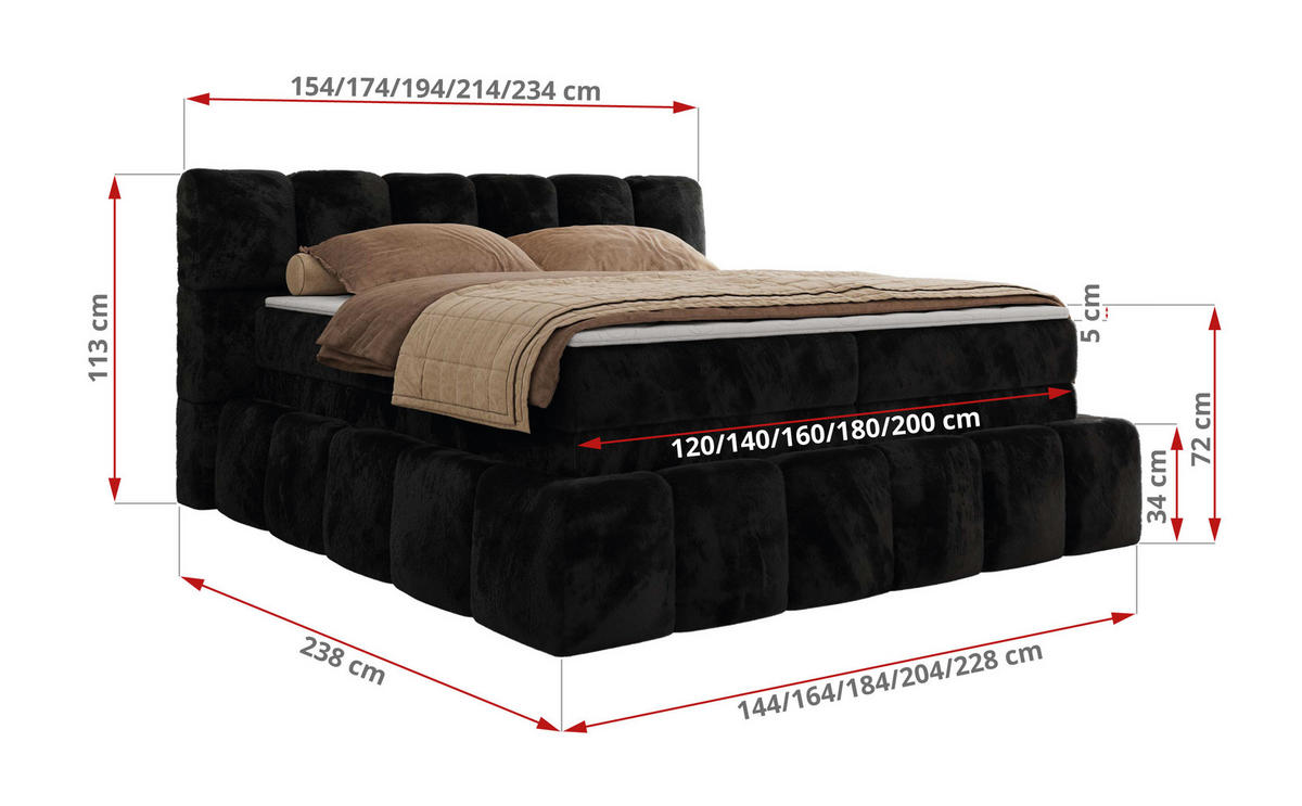 BOXSPRINGBETT NIRA KING 140/200 Schwarz Plüsch - H3 - Schwarz, Holz/Textil (140/200cm) - MKS