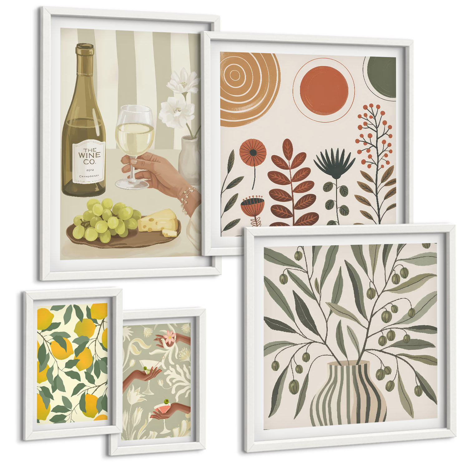 BILDER SET 5er Set - 50x50 cm & 20x30 cm & 40x60 cm Weißer Rahmen - Blumenmuster in Orange und Grün - Weiß, Kunststoff (40/60cm) - TULUP