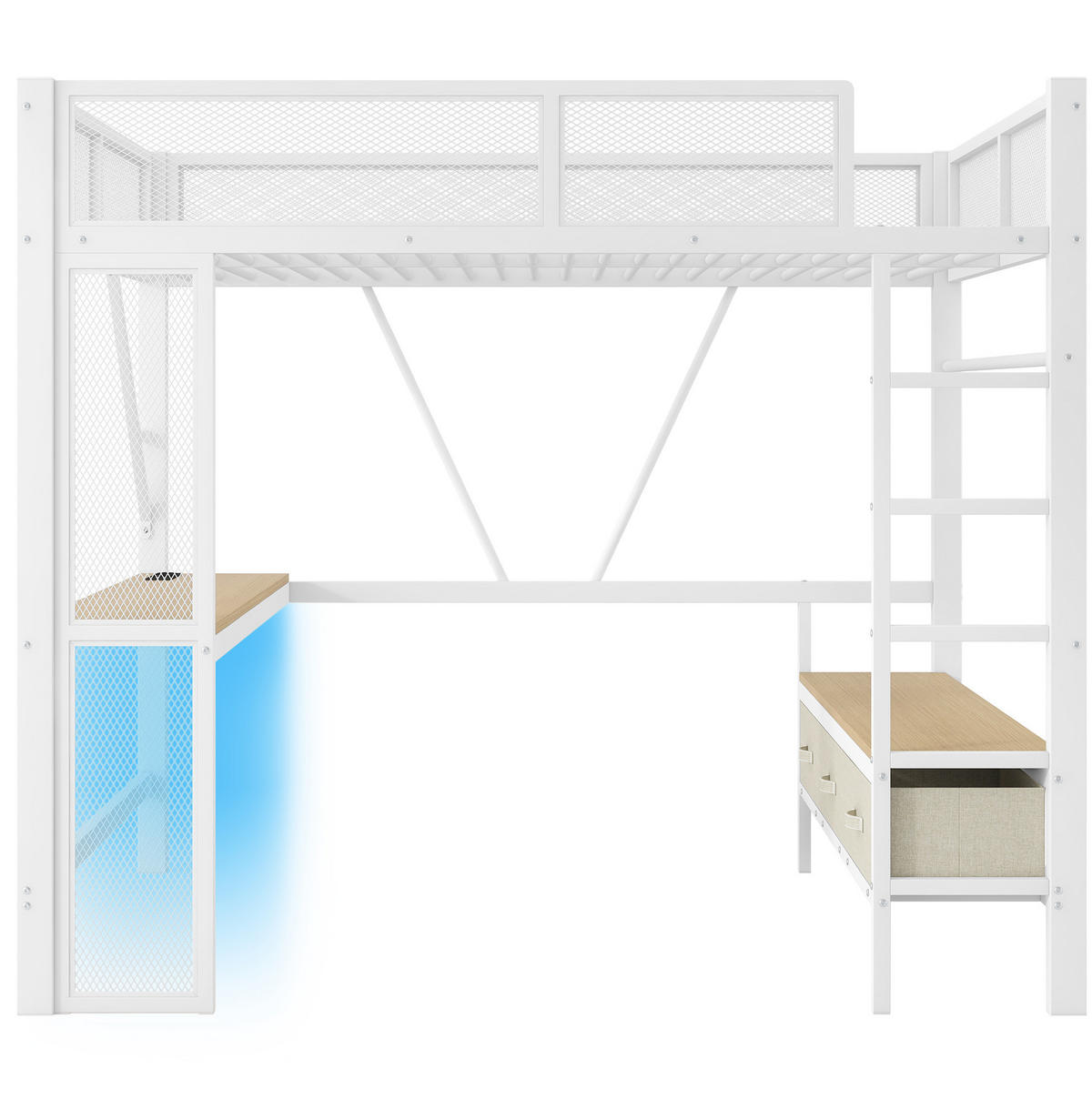 HOCHBETT 140/200 cm mit LED, Schreibtisch und 3 Schubladen, platzsparendes Design, Weiß - Weiß, Holzwerkstoff (140/200cm) - Redom