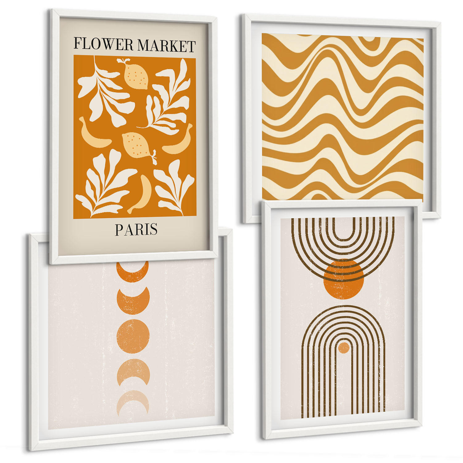 BILDER SET 4er Set - 50x50 cm & 40x60 cm Weißer Rahmen - Geometrische Pflanzenmuster - Weiß, Kunststoff (50/50cm) - TULUP