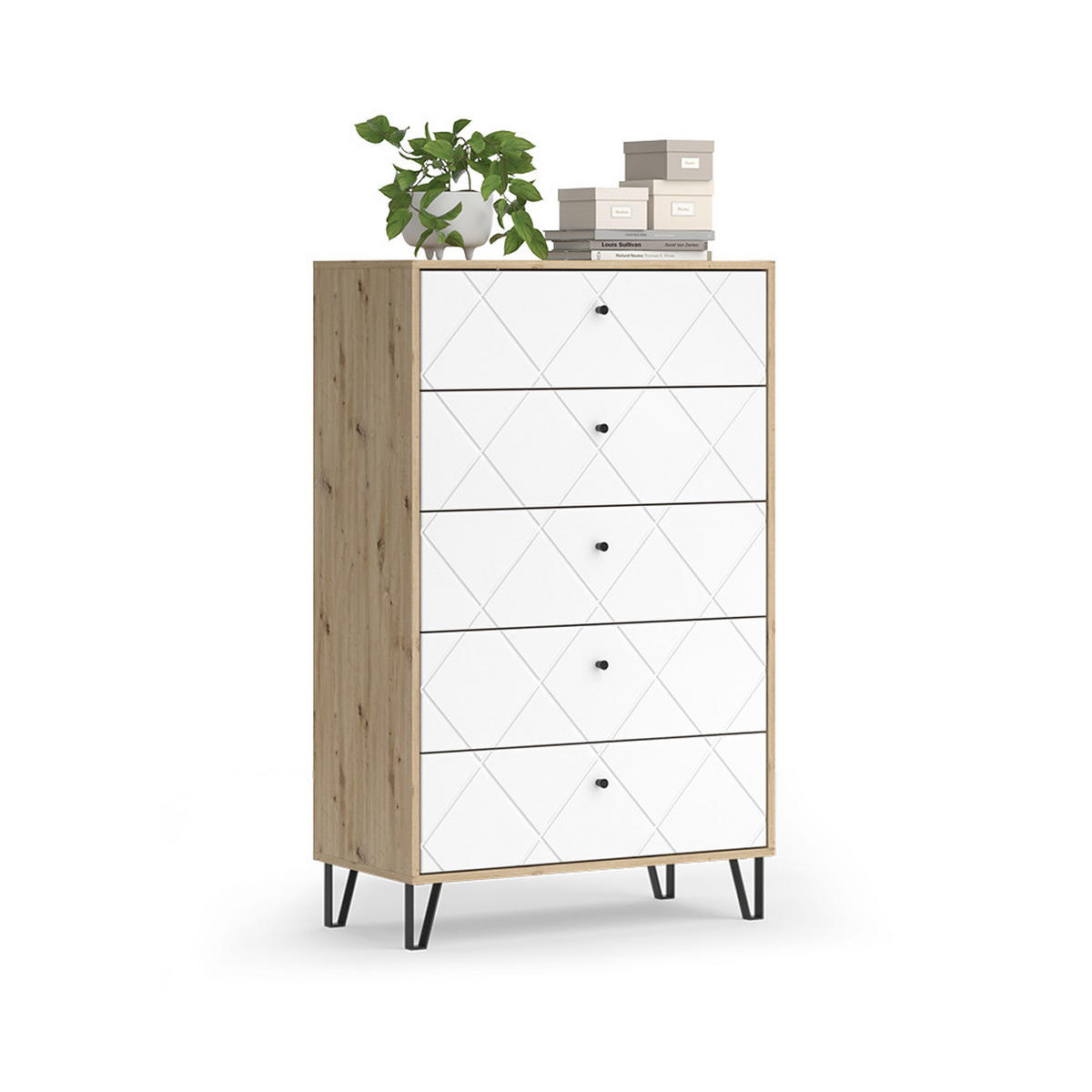 KOMMODE Nizza Artisan/Weiß 80.2 x 127.4 cm mit 5 Schubladen - Eiche Artisan/Weiß, Holzwerkstoff (80.2/127.4/40.1cm) - Vicco