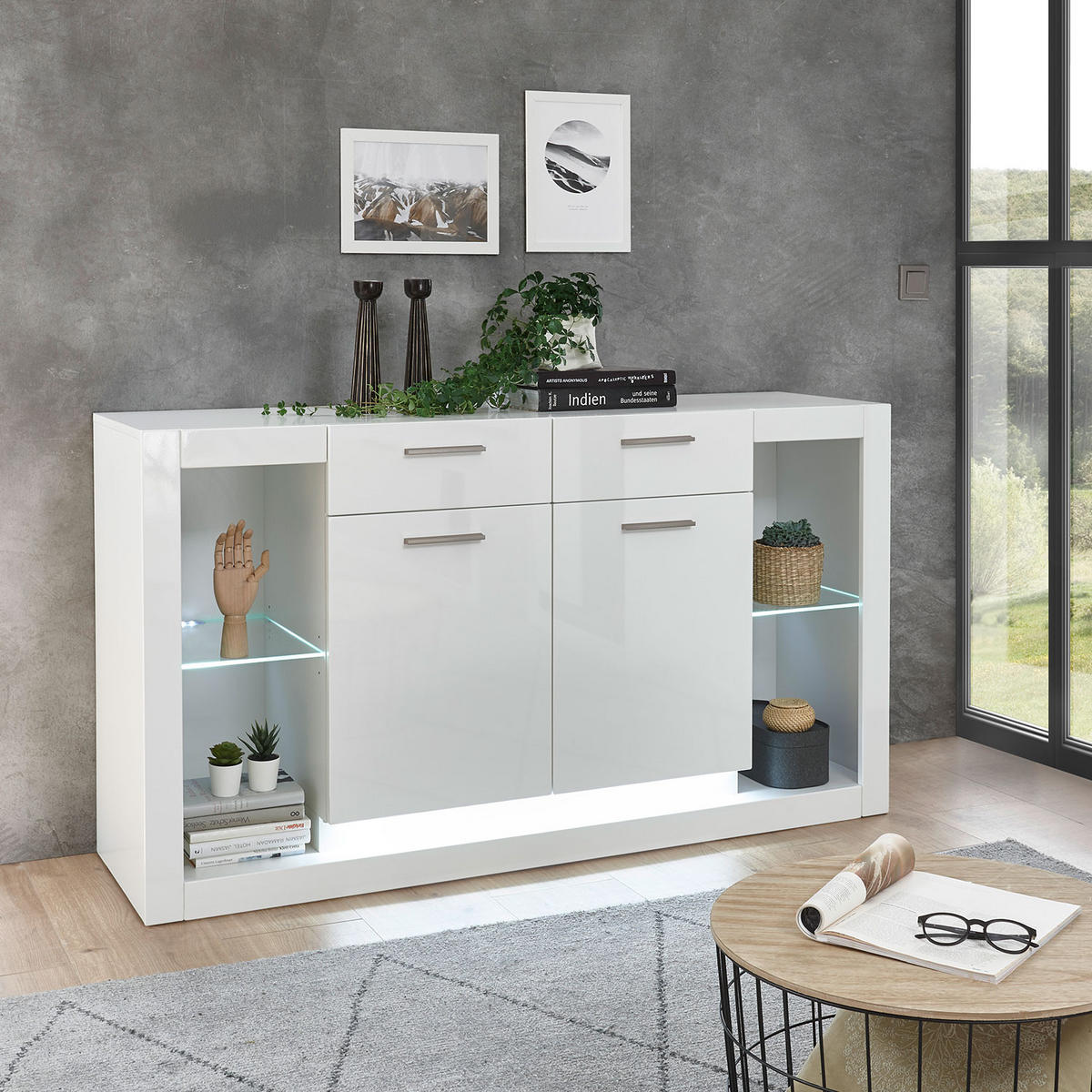 SIDEBOARD Meran weiß Hochglanz 150 / 43 / 83cm - Weiß Hochglanz/Eichefarben, Holz/Holzwerkstoff (150/83/43cm) - Feldmann-Wohnen