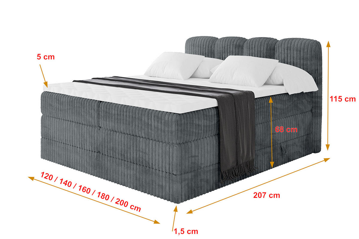 BOXBETT mit Matratze H3|H4 - NINA KING - 160x200 cm - Dunkelgrau - Schieferfarben, Holzwerkstoff (160/200cm) - ALTDECOR