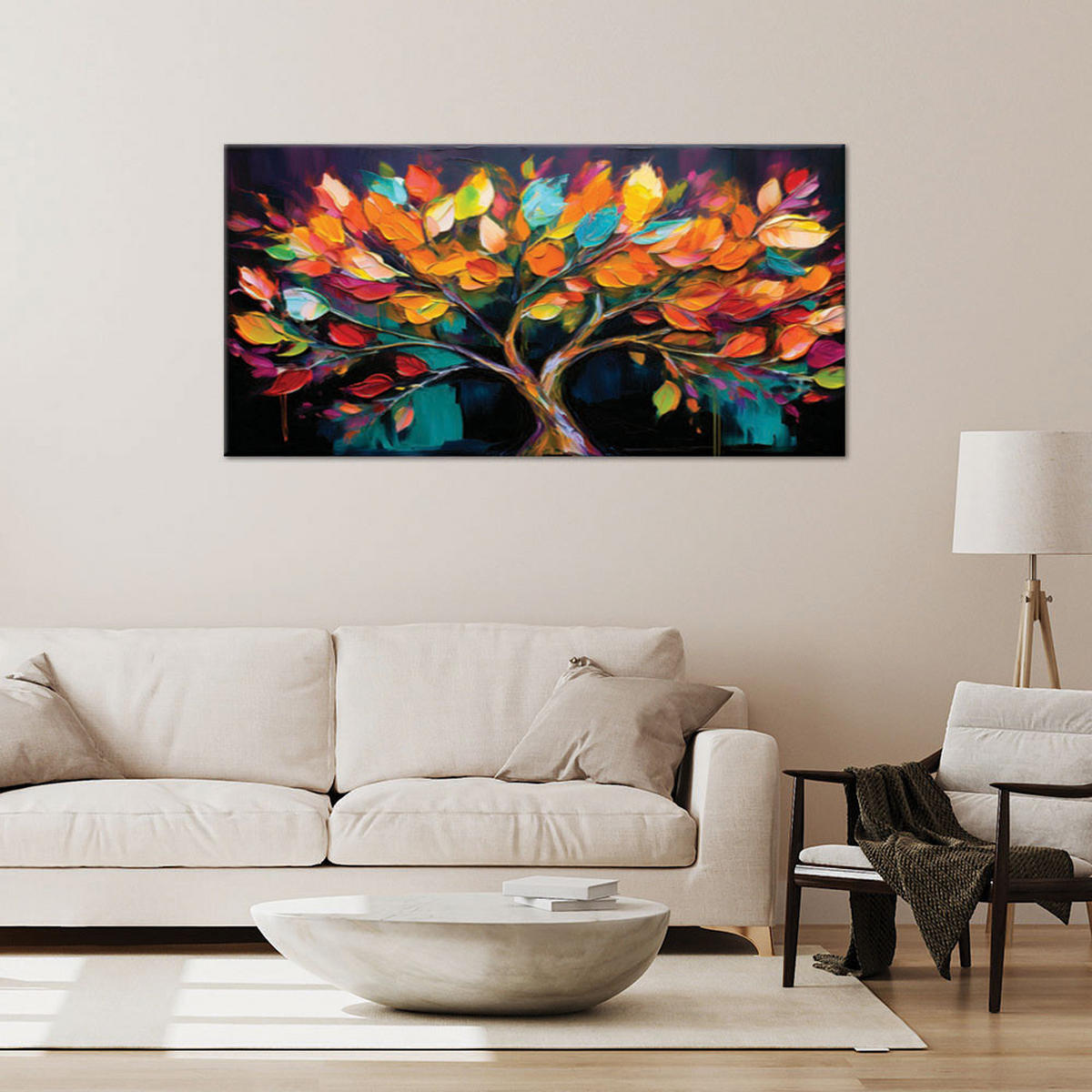 WANDBILD bunte baumblätter bemalt - Multicolor, Textil (100/50cm) - Feeby