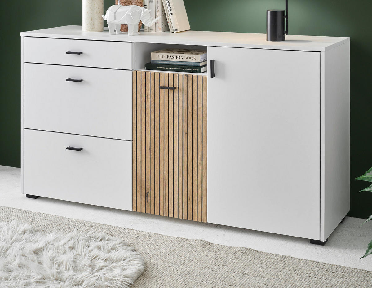 SIDEBOARD weiß matt, Eiche 150 cm, Kommode mit Soft-Close-Funktion - Eichefarben/Schwarz, Holzwerkstoff/Kunststoff (150/80/42cm) - Furn.Design