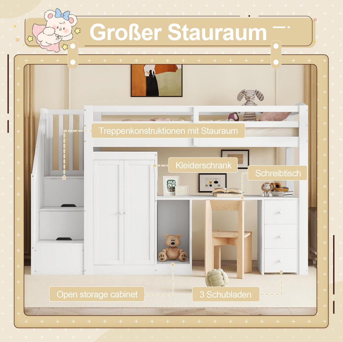 HOCHBETT 90/200 cm Weiß aus Kiefernholz und MDF mit Schreibtisch und Stauraum - Weiß, Holzwerkstoff (90/200cm) - OKMYHOME