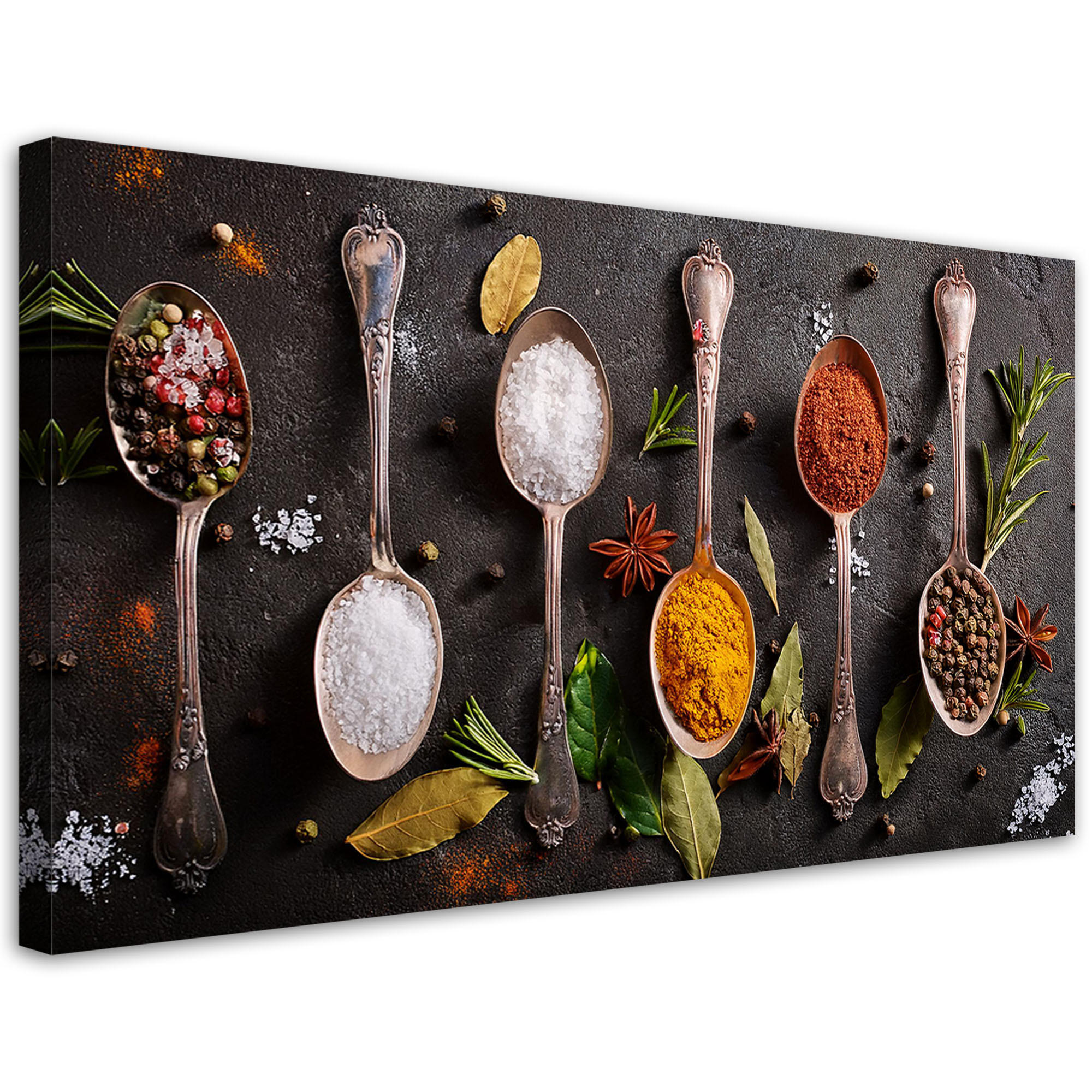 LEINWANDBILD Gewürze Kräuter Besteck 120x60cm - Multicolor, Textil (120/60cm) - Feeby