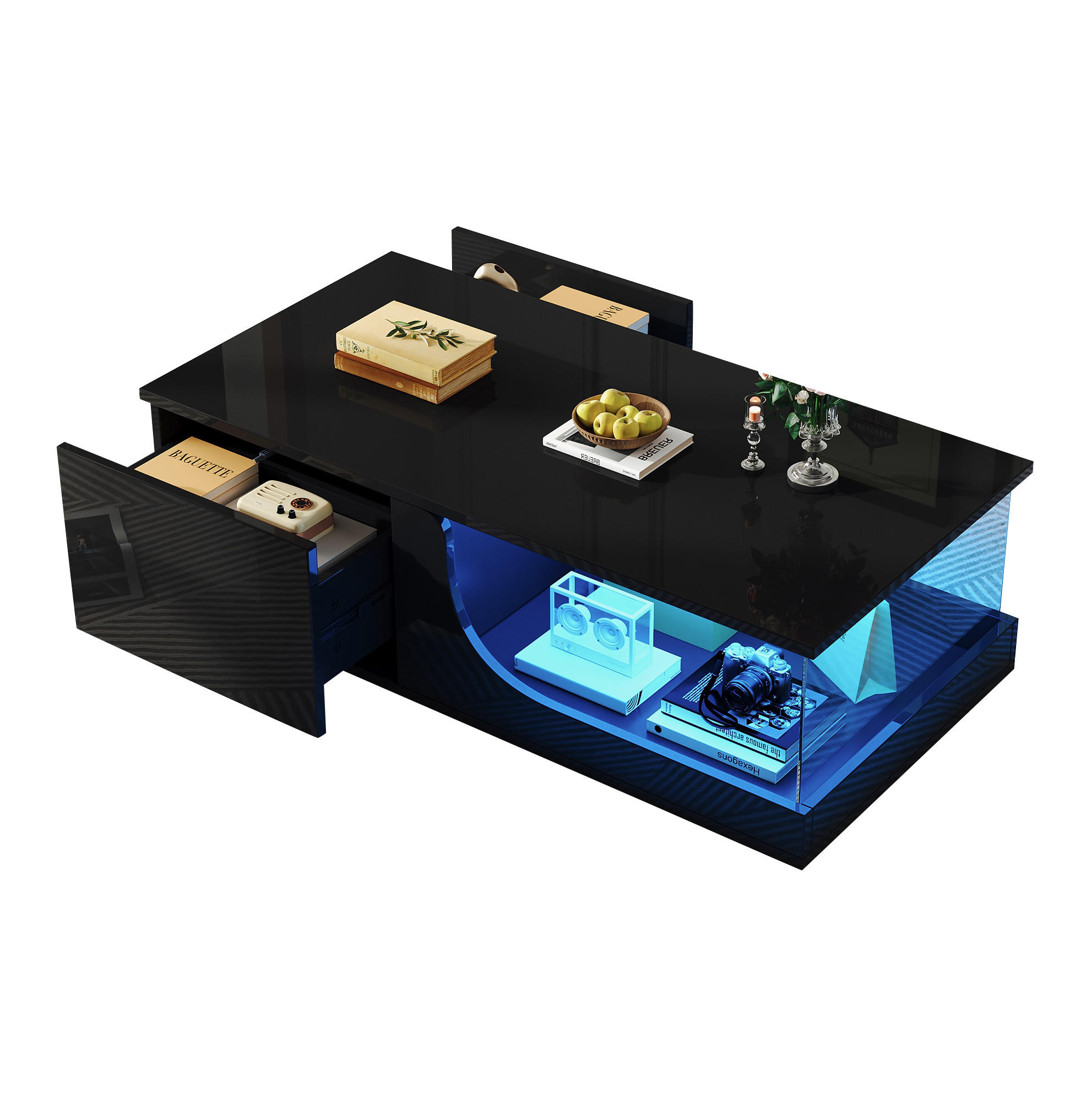 COUCHTISCH 100/50/30 cm schwarz mit 2 Schubladen und LED-Beleuchtung - Schwarz, Holzwerkstoff (100/50/30cm) - OKWISH