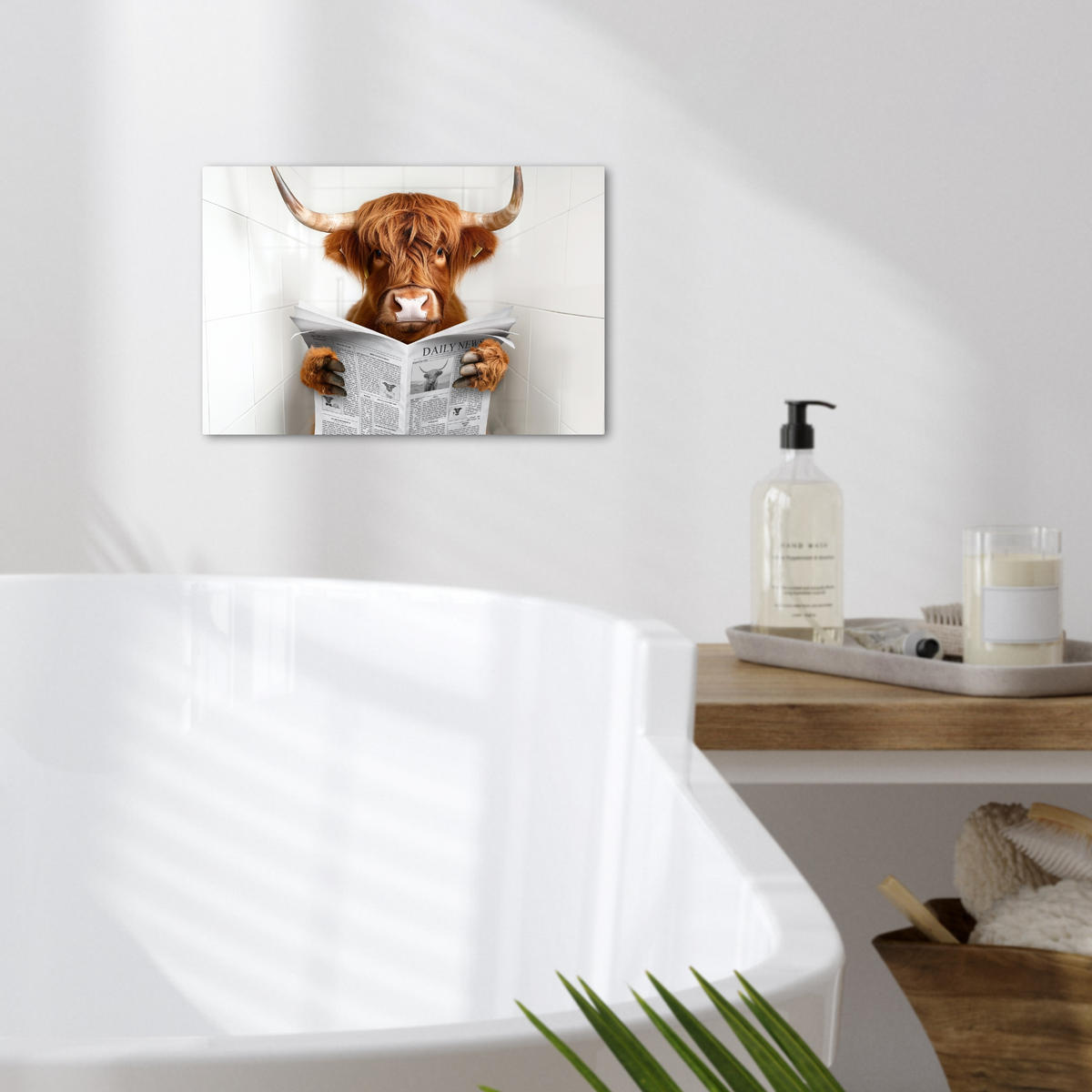 LEINWANDBILD Schottischer Highlander - Tier - Zeitung - Toilette 30x20 cm - Kastanienfarben, Textil (30/20cm) - MuchoWow