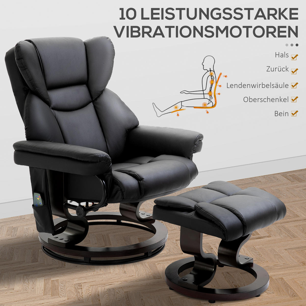 RELAXSESSEL Massagesessel mit Fußhocker Liegefunktion Schwarz 79 x 82 x 101 cm - Schwarz, Holz/Metall (82/101/79cm) - HOMCOM