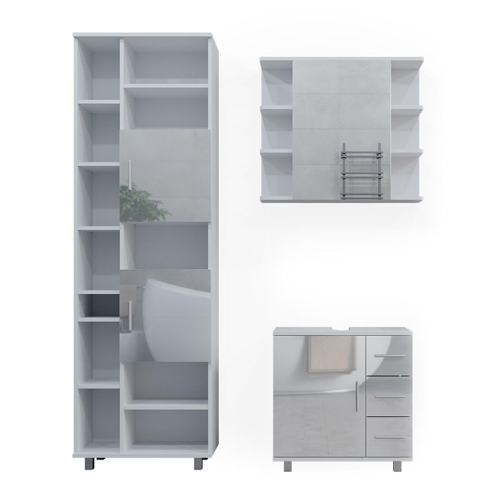 BADMÖBEL-SET Ilias Weiß Hochglanz 3 Teile, mit Hochschrank - Weiß Hochglanz/Weiß, Holzwerkstoff (60/60.8/33cm) - Vicco