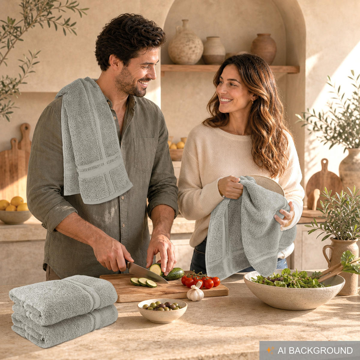 FROTTEE Küchenhandtücher 50x50 cm, 4er Set, Kiesel Grau - Sandfarben, Textil (50/50cm) - Lashuma